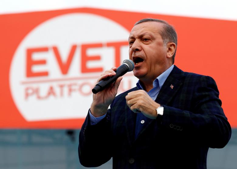 turkish president tayyip erdogan addresses his supporters during a rally for the upcoming referendum in istanbul turkey april 8 2017 photo reuters