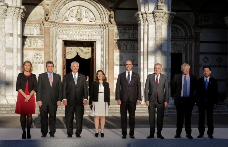 l to r e u high representative for foreign affairs federica mogherini german foreign minister sigmar gabriel u s secretary of state rex tillerson canada 039 s foreign affairs minister chrystia freeland italy 039 s foreign minister angelino alfano france 039 s foreign minister jean marc ayrault britain 039 s foreign secretary boris johnson and japanese minister of foreign affairs fumio kishidaitaly pose for a family photo during a g7 for foreign ministers in lucca italy april 10 2017 photo reuters