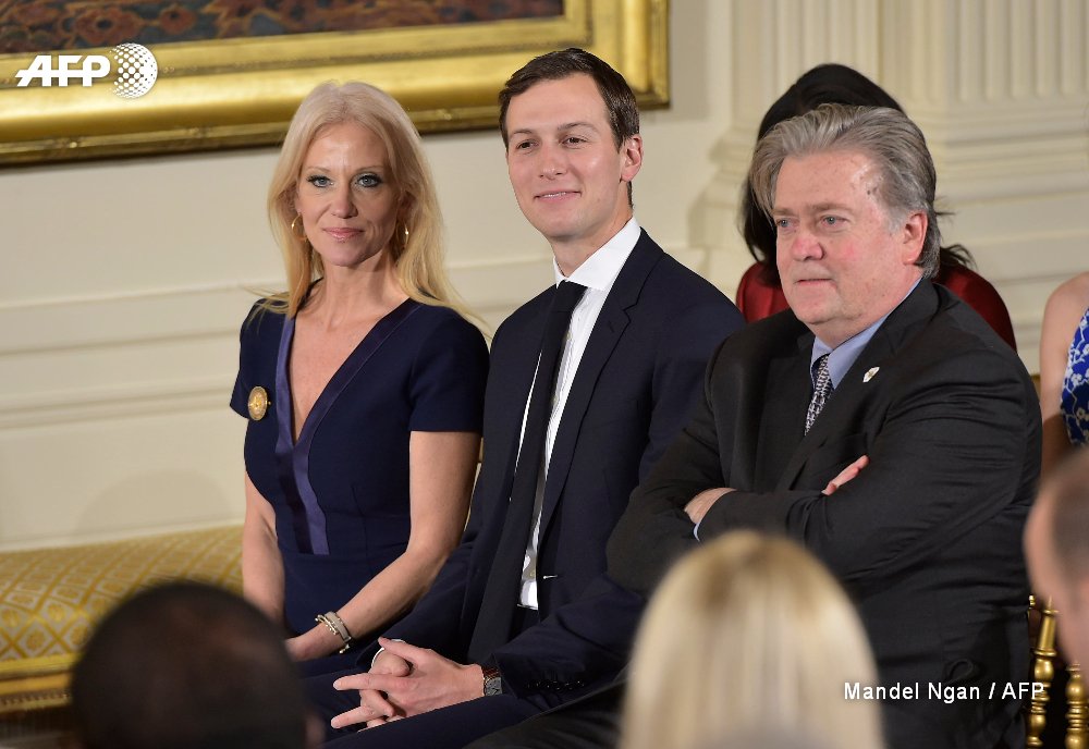 president donald trump has moved to reduce tensions between supporters of his senior advisor jared kushner c and chief strategist steve bannon photo afp