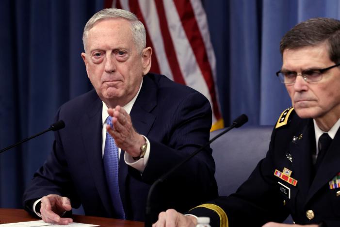 u s defense secretary james mattis l and army gen joseph votel commander of u s central command brief the media at the pentagon in washington u s april 11 2017 photo reuters