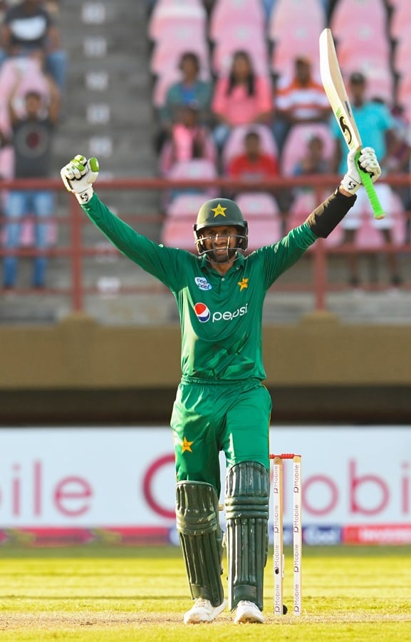 shoaib malik celebrates winning the the 3rd and final odi match between west indies and pakistan at guyana national stadium providence guyana april 11 2017 photo afp