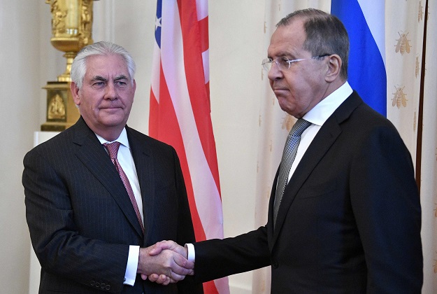 russian foreign minister sergei lavrov r welcomes us secretary of state rex tillerson before a meeting in moscow on april 12 2017 photo afp