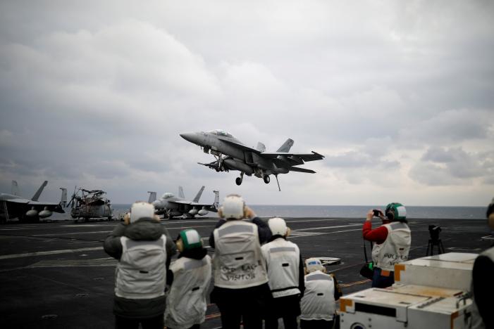 file photo   a u s f18 fighter jet lands on the deck of u s aircraft carrier uss carl vinson during an annual joint military exercise called quot foal eagle quot between south korea and u s in the east sea south korea photo reuters