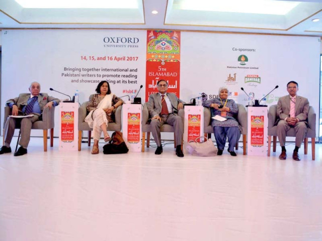 ameena saiyid asif farrukhi arfa sayeda zehra and ag noorani sit on the stage during the opening session of ilf photo inp ameena saiyid asif farrukhi arfa sayeda zehra and ag noorani sit on the stage during the opening session of ilf photo inp