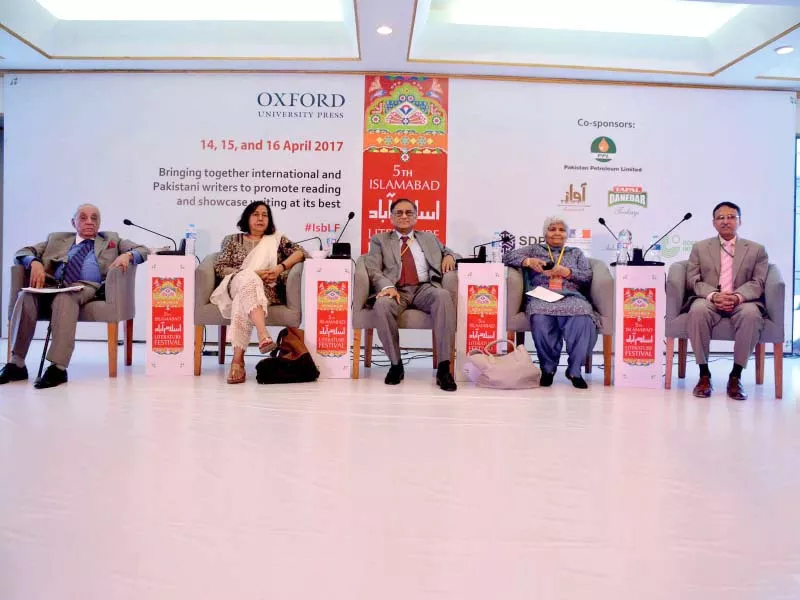 ameena saiyid asif farrukhi arfa sayeda zehra and ag noorani sit on the stage during the opening session of ilf photo inp ameena saiyid asif farrukhi arfa sayeda zehra and ag noorani sit on the stage during the opening session of ilf photo inp