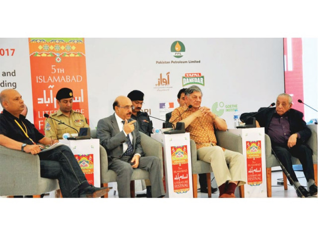 ajk president masood khan speaks while ag noorani and riaz h khokhar listen during a session moderated by haris khalique at ilf photo inp ajk president masood khan speaks while ag noorani and riaz h khokhar listen during a session moderated by haris khalique at ilf photo inp