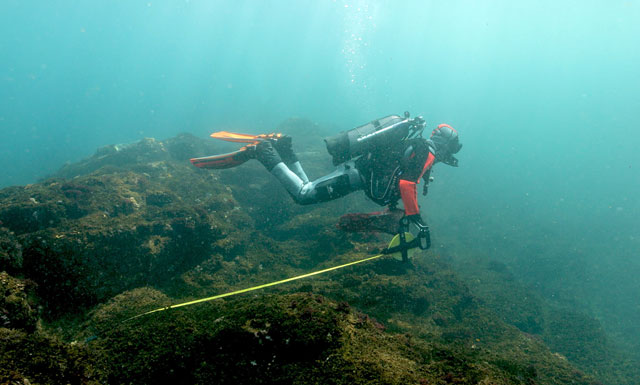 this handout from pete west at bioquest studios via tara expeditions foundation taken on march 28 2017 and released on march 29 2017 shows a scientist measuring coral reefs in the seabed beside the 120 tonne french schooner tara at anchor off shikinejima island 150 kms south of central tokyo photo afp