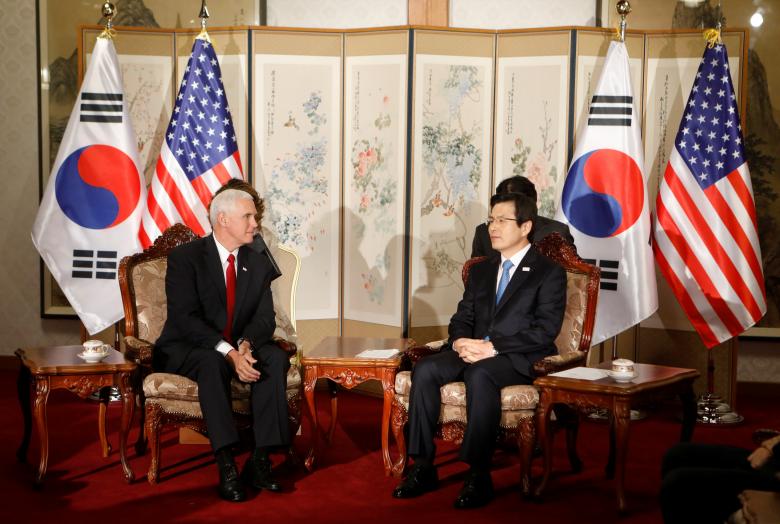 us vice president mike pence talks with acting south korean president and prime minister hwang kyo ahn during their meeting in seoul south korea april 17 2017 photo reuters