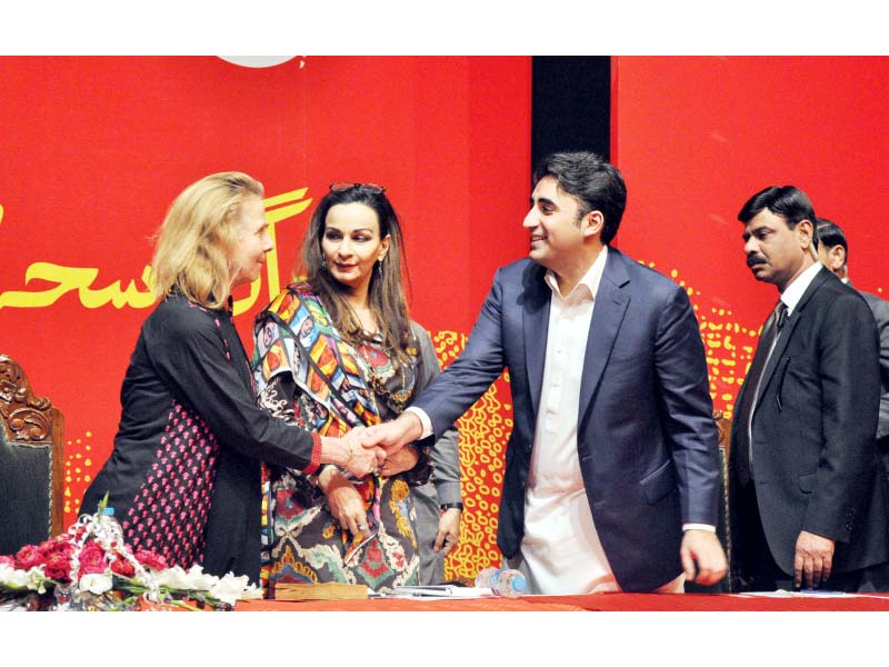 bilawal bhutto zardari greets british author rosemary victoria schofield at the first benazir literary festival photo abid nawaz express