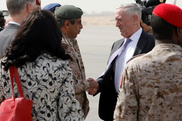 saudi general abdul rahman al banyan welcomes us defense secretary james mattis on his arrival in riyadh on april 18 2017 at the start of a visit seeking to reinvigorate the us alliance with saudi arabia with both seeing a common adversary in iran photo afp