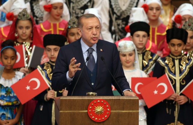 turkish president recep tayyip erdogan delivers a speech as he receives the children attending the 39th trt international children 039 s festival at the presidential complex in ankara on april 20 2017 photo afp