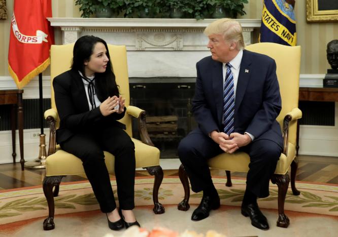 aya hijazi an egyptian american woman detained in egypt for nearly three years on human trafficking charges meets with us president donald trump in the oval office of the white house in washington us april 21 2017 photo reuters