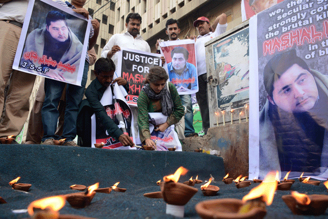 on the occasion banners and placards read slogans such as make university a safe space and we the people of secular sindh strongly condemn the brutal killing of mashal khan in the name of blasphemy photo athar khan