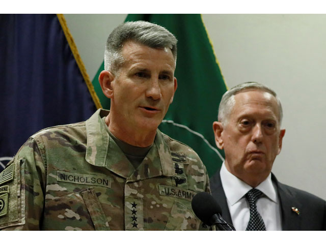 us army general john nicholson l commander of us forces afghanistan and us defence secretary james mattis r hold a news conference at resolute support headquarters in kabul afghanistan april 24 2017 photo reuters