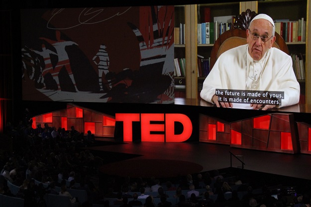 pope francis speaks during the ted conference urging people to connect with and understand others during a video presentation at the annual scientific cultural and academic event in vancouver canada april 25 2017 photo afp