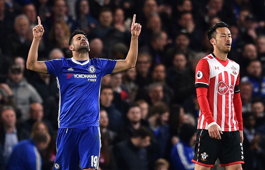 chelsea 039 s brazilian born spanish striker diego costa celebrates after scoring their third goal during the english premier league football match between chelsea and southampton at stamford bridge in london on april 25 2017 photo afp