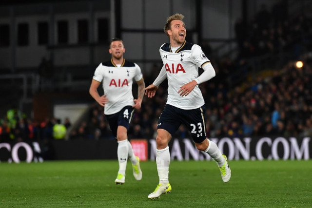 tottenham hotspur 039 s danish midfielder christian eriksen celebrates scoring the opening goal during the english premier league football match between crystal palace and tottenham hotspur at selhurst park in south london on april 26 2017 photo afp tottenham hotspur 039 s danish midfielder christian eriksen celebrates scoring the opening goal during the english premier league football match between crystal palace and tottenham hotspur at selhurst park in south london on april 26 2017 photo afp