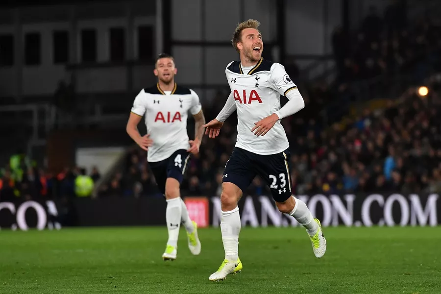 tottenham hotspur 039 s danish midfielder christian eriksen celebrates scoring the opening goal during the english premier league football match between crystal palace and tottenham hotspur at selhurst park in south london on april 26 2017 photo afp tottenham hotspur 039 s danish midfielder christian eriksen celebrates scoring the opening goal during the english premier league football match between crystal palace and tottenham hotspur at selhurst park in south london on april 26 2017 photo afp