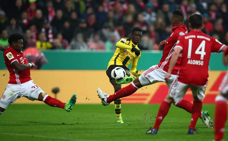 borussia dortmund 039 s ousmane dembele scores their third goal against bayern munich on april 26 2017 photo reuters borussia dortmund 039 s ousmane dembele scores their third goal against bayern munich on april 26 2017 photo reuters