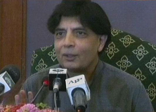 interior minister chaudhry nisar speaks at a news conference in karachi on saturday photo express news screen grab