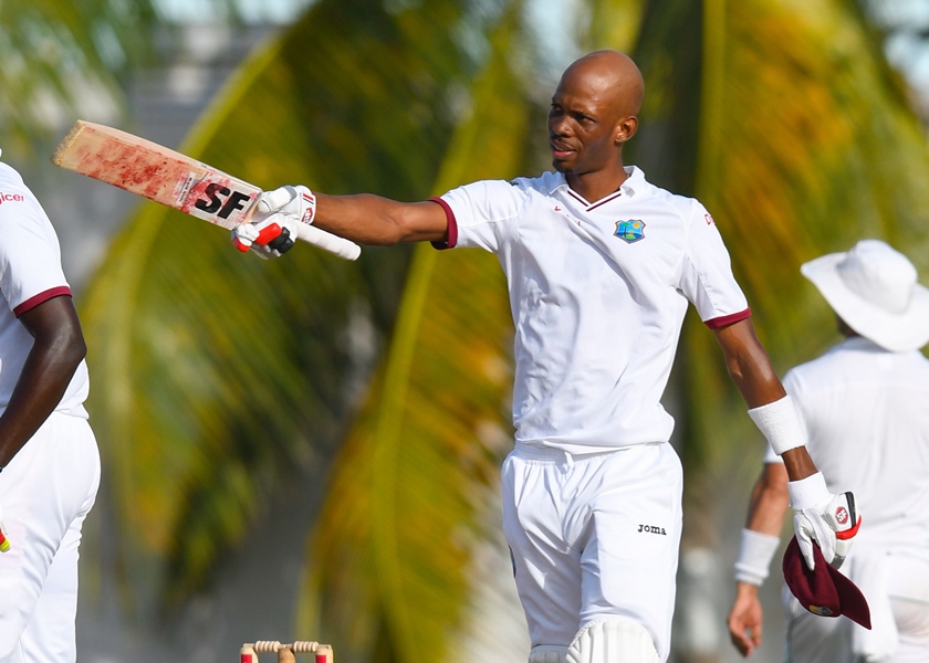 roston chase of west indies celebrates his century during the 1st day of the 2nd test match between west indies and pakistan at kensington oval bridgetown barbados april 30 2017 photo afp