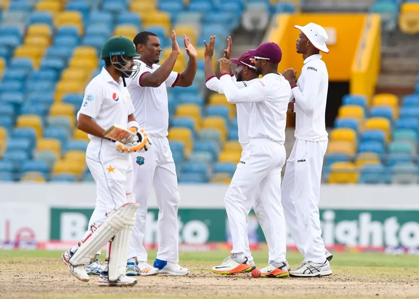 shannon gabriel 2l of west indies celebrates with teammates devendra bishoo c shai hope 2r and roston chase r following the dismissal of babar azam l of pakistan during the 2nd day of the 2nd test match between west indies and pakistan at kensington oval bridgetown barbados may 01 2017 photo afp shannon gabriel 2l of west indies celebrates with teammates devendra bishoo c shai hope 2r and roston chase r following the dismissal of babar azam l of pakistan during the 2nd day of the 2nd test match between west indies and pakistan at kensington oval bridgetown barbados may 01 2017 photo afp