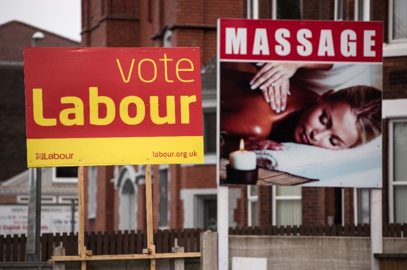 a poster promoting the labour party is seen in manchester northwest england on april 30 2017 britain votes in local polls thursday with the ruling conservatives and opposition labour looking for indications ahead of the june 8 general election photo afp