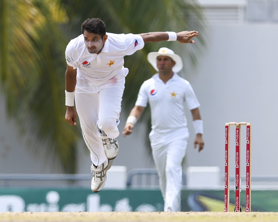 mohammad abbas of pakistan bowing taking 4 west indies wickets for 56 runs during the 2nd day of the 2nd test match between west indies and pakistan at kensington oval bridgetown barbados on may 1 2017 photo afp