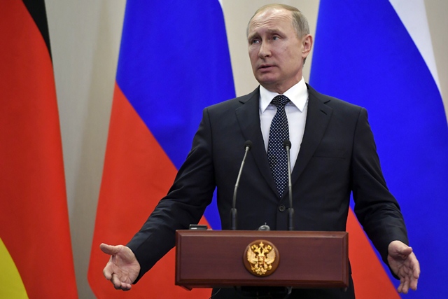 russian president vladimir putin speaks during a joint press conference with german chancellor following their meeting at the bocharov ruchei state residence in sochi on may 2 2017 photo afp