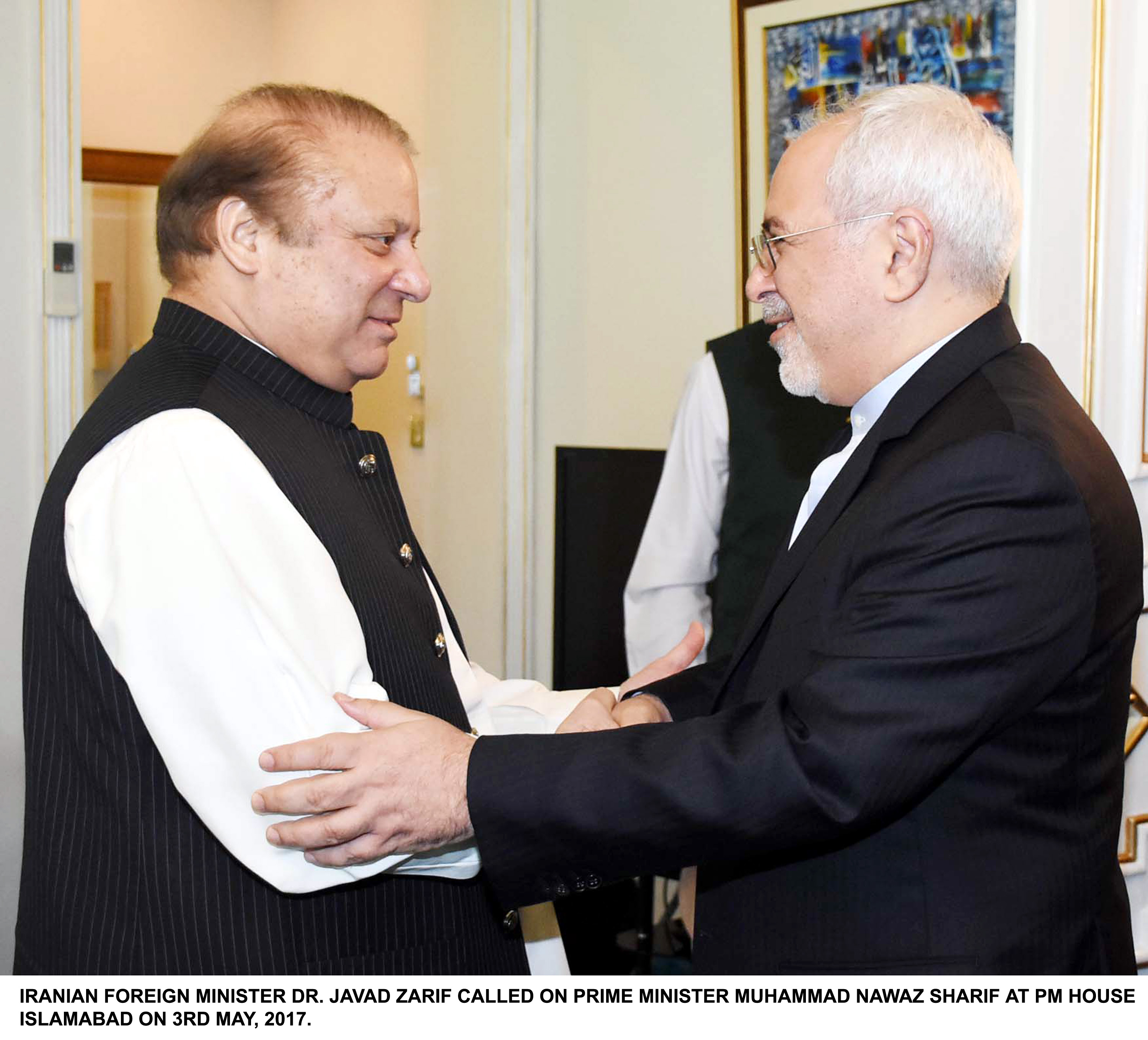 prime minister nawaz sharif meets iranian foreign minister javad zarif at the pm house in islamabad on wednesday photo pid