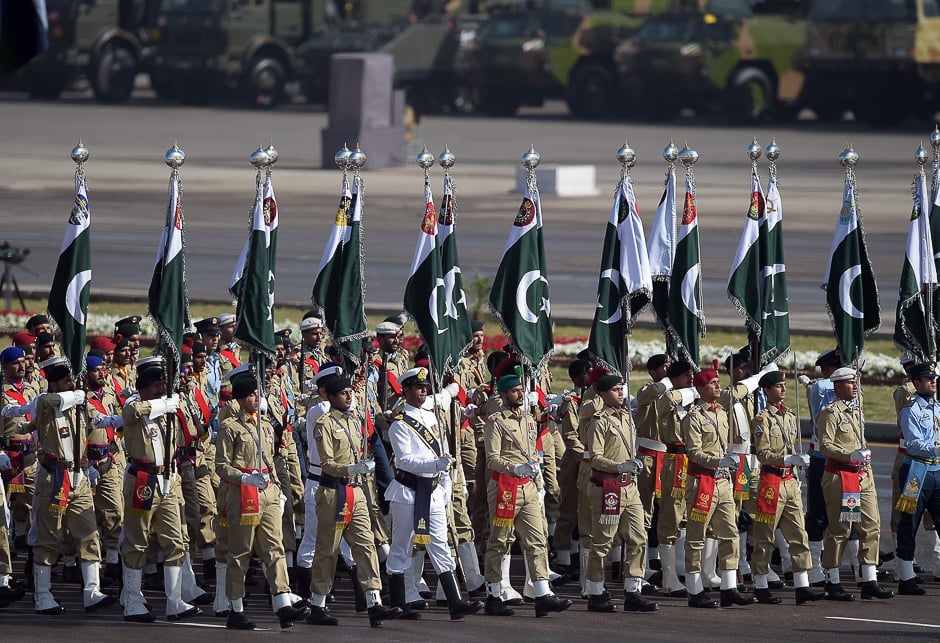 Pakistani forces soldiers march past during a Pakistan Day military parade in Islamabad. PHOTO: AFP