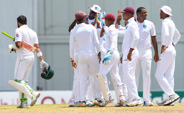 azhar ali is dismiss as shannon gabriel 2r of west indies celebrate during the 5th and final day of the 2nd test match between west indies and pakistan at kensington oval bridgetown barbados may 04 2017 photo afp