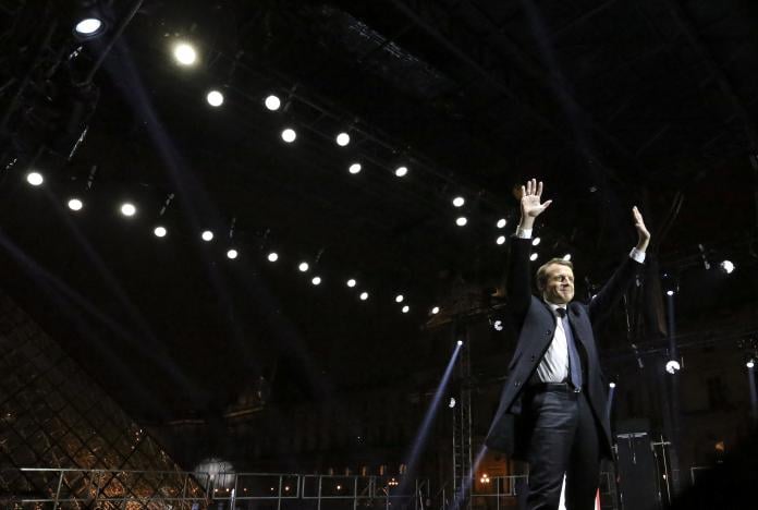 french president elect emmanuel macron celebrates on the stage at his victory rally near the louvre in paris france may 7 2017 photo reuters