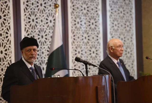adviser to prime minister on foreign affairs sartaj aziz and minister for foreign affairs of oman yousuf bin alawi bin abdulla address a press conference in islamabad photo afp adviser to prime minister on foreign affairs sartaj aziz and minister for foreign affairs of oman yousuf bin alawi bin abdulla address a press conference in islamabad photo afp