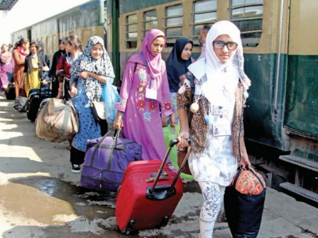 a group of 50 girls from lyari left for islamabad from cantt railway station on monday morning to attend a week long training at the national headquarters photo express a group of 50 girls from lyari left for islamabad from cantt railway station on monday morning to attend a week long training at the national headquarters photo express