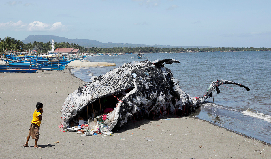 a boy looks at a whale shaped art installation that is made of plastic and trash made by environmental activist group greenpeace philippines lying along the shore in naic cavite in the philippines photo reuters