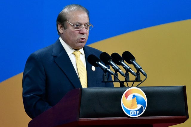 prime minister nawaz sharif delivers a speech at the one belt one road forum in beijing on may 14 2017 photo afp