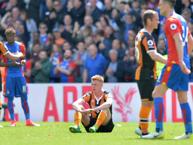 hull city 039 s english midfielder sam clucas c reacts at the close of the english premier league football match between crystal palace and hull city at selhurst park in south london on may 14 2017 photo afp hull city 039 s english midfielder sam clucas c reacts at the close of the english premier league football match between crystal palace and hull city at selhurst park in south london on may 14 2017 photo afp