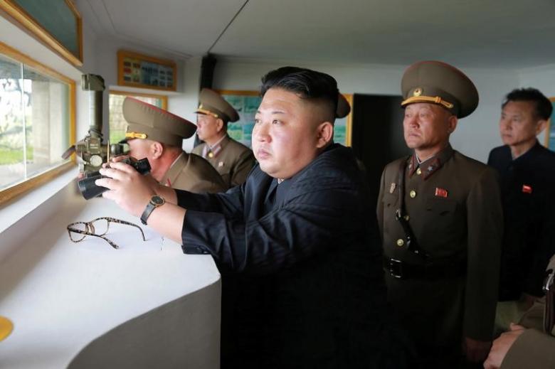 north korean leader kim jong un inspects the defence detachment on jangjae islet and the hero defence detachment on mu islet located in the southernmost part of the waters off the southwest front in this undated photo released by north korea 039 s korean central news agency kcna on may 5 2017 photo reuters