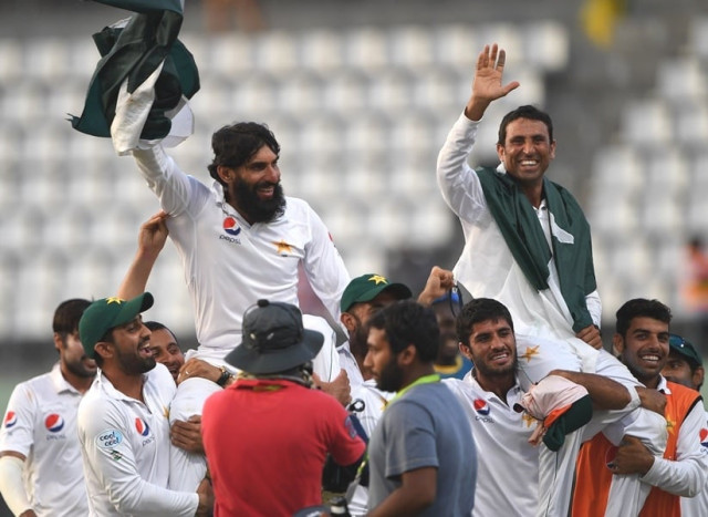 retiring pakistan cricket team members captain misbah ul haq l and younis khan r are carried by teammates as they celebrate after winning the final test match and the series 2 1 against the west indies at the windsor park stadium in roseau dominica on may 14 2017 photo afp retiring pakistan cricket team members captain misbah ul haq l and younis khan r are carried by teammates as they celebrate after winning the final test match and the series 2 1 against the west indies at the windsor park stadium in roseau dominica on may 14 2017 photo afp