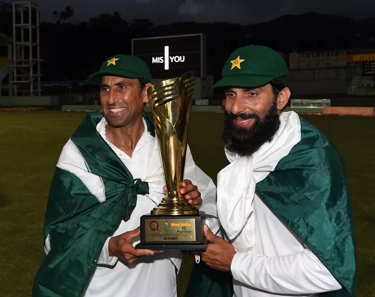 retiring pakistan cricket team members younis khan l and captain misbah ul haq r celebrate with the series trophy after winning the final test match and the series 2 1 against the west indies at the windsor park stadium in roseau dominica on may 14 2017 photo afp retiring pakistan cricket team members younis khan l and captain misbah ul haq r celebrate with the series trophy after winning the final test match and the series 2 1 against the west indies at the windsor park stadium in roseau dominica on may 14 2017 photo afp