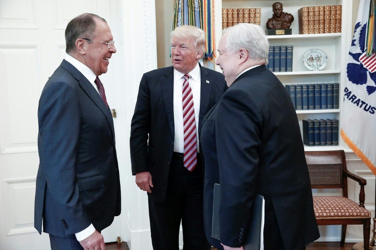 us president donald trump c meets with russian foreign minister sergei lavrov l and russian ambassador to the us sergei kislyak at the white house photo afp