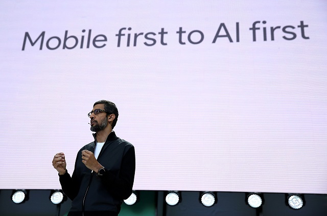 google ceo sundar pichai delivers the keynote address at the google i o 2017 conference at shoreline amphitheater on may 17 2017 in mountain view california the three day conference will highlight innovations including google assistant photo afp