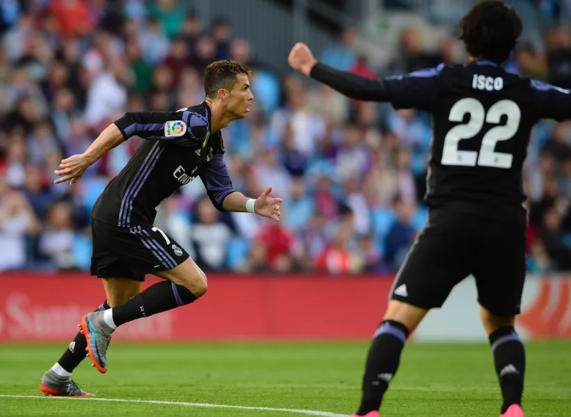 real madrid 039 s portuguese forward cristiano ronaldo celebrates after scoring the opener during the spanish league football match rc celta de vigo vs real madrid cf at the balaidos stadium in vigo on may 17 2017 photo afp real madrid 039 s portuguese forward cristiano ronaldo celebrates after scoring the opener during the spanish league football match rc celta de vigo vs real madrid cf at the balaidos stadium in vigo on may 17 2017 photo afp