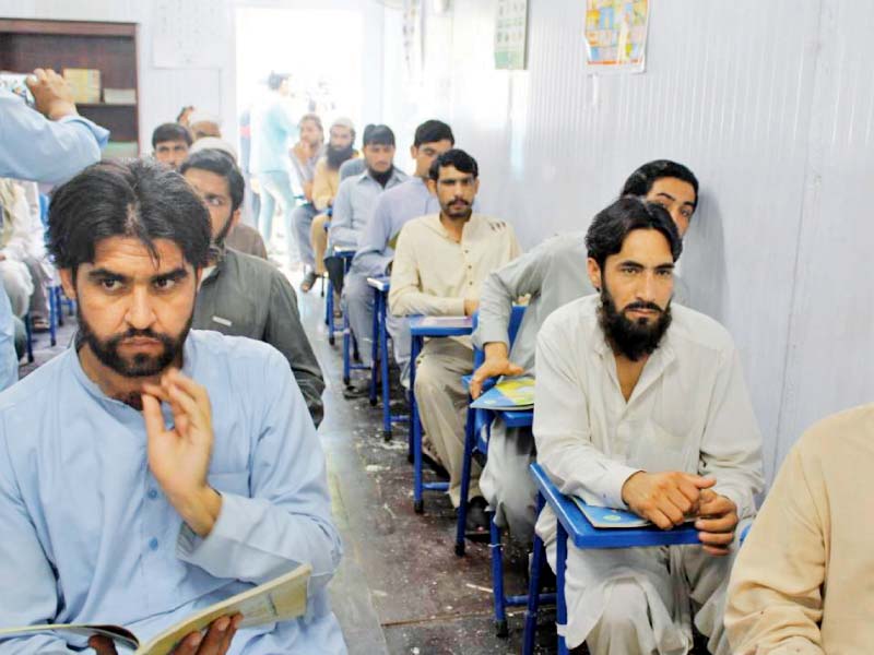 inmates attend a class in peshawar jail photo express