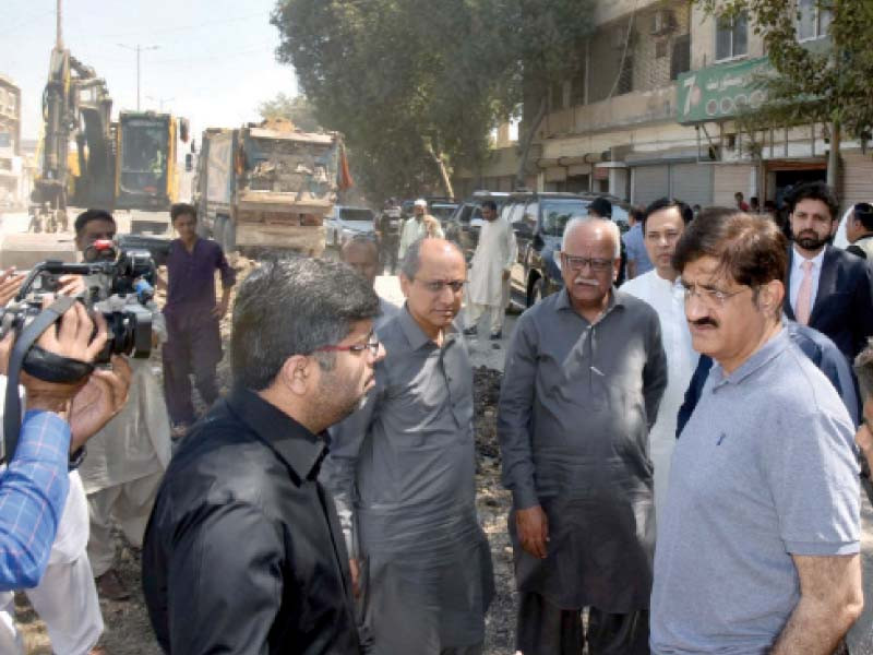 sindh chief minister murad ali shah inspects the ongoing work of repair and reconstruction of roads and drains on saturday photo ppi