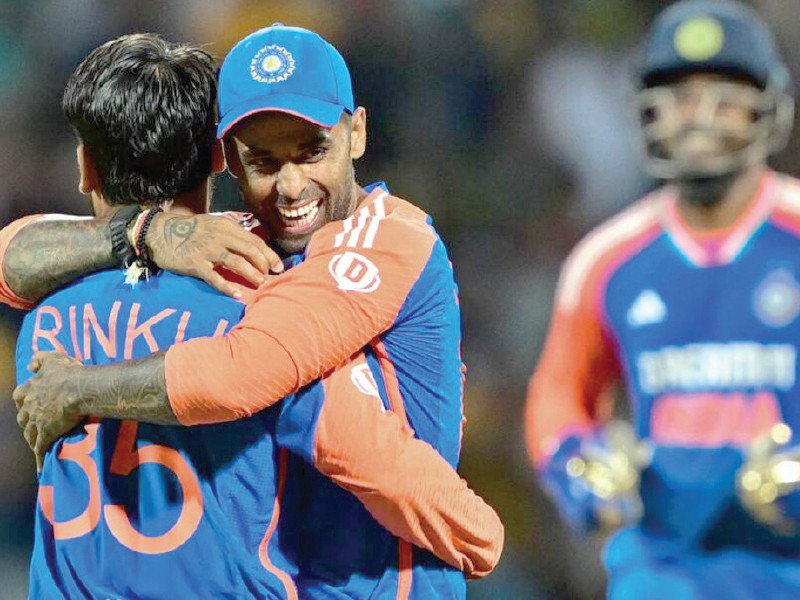 india s captain suryakumar yadav centre and rinku singh celebrate after taking the wicket of sri lanka s ramesh mendis photo afp