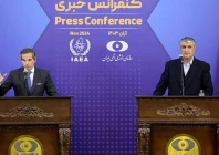 iran s head of the atomic energy organisation mohammad eslami and the united nations nuclear chief rafael grossi hold a joint press conference in tehran iran on november 14 2024 photo afp