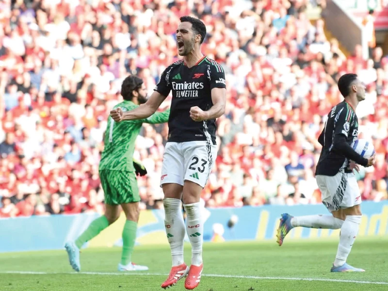 arsenal midfielder mikel merino celebrates after scoring at liverpool photo afp arsenal midfielder mikel merino celebrates after scoring at liverpool photo afp