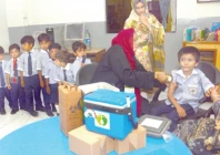a health worker administers a polio booster dose to a student through a needle free jet injector during the launch of an anti polio vaccination campaign at a school the initiative aims to strengthen immunisation coverage among children using modern less invasive vaccination technology photo jalal qureshi express